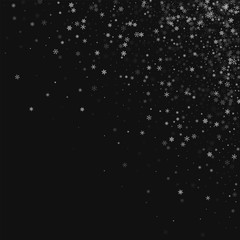 Beautiful snowfall. Scattered top right corner on black background. Vector illustration.