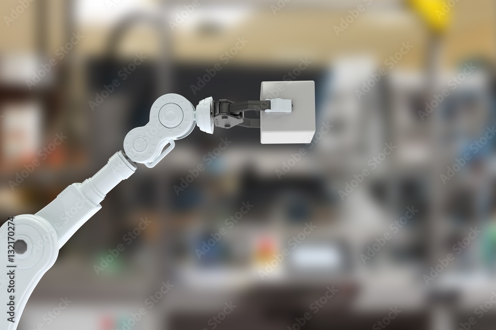 Poster composite image of cropped image of robotic hand holding cube 3d
