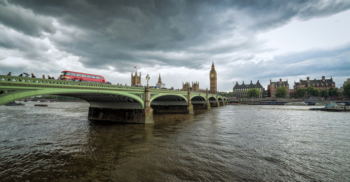 Panorama landscape of Thames bridge with Big Ben and Parliament in background