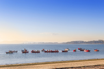 Boats of shellfish fishermen on Bao beach