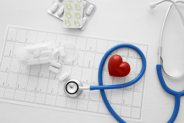 Stethoscope, pills and red heart with paper electrocardiogram