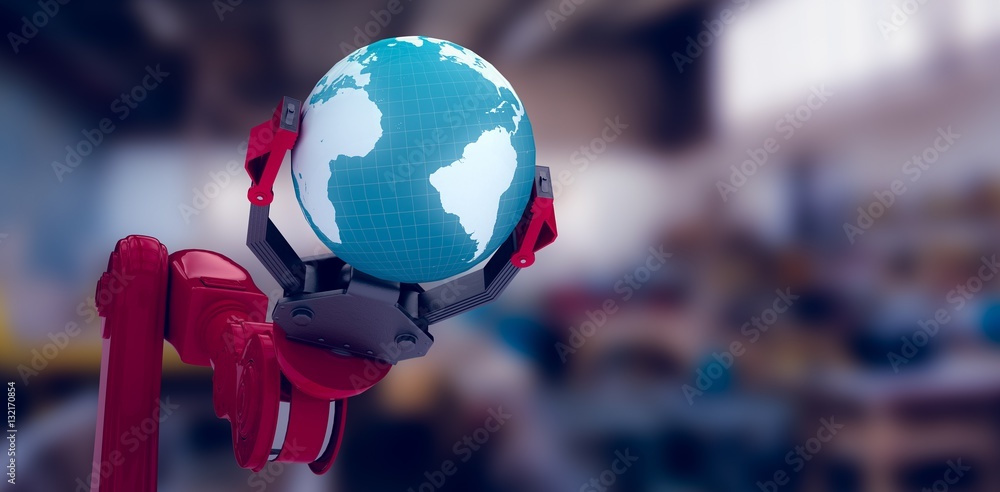 Poster composite image of cropped image of robot claw holding earth 3d