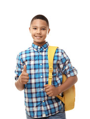 Cheerful teenager boy with backpack on white background