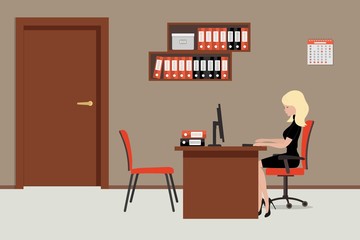Web banner of an office worker in the room near the door. The young woman is an employee at work. There is brown furniture, red chairs, shelves with folders in the picture. Vector flat illustration