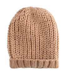 Beige knitted cap, isolated on white