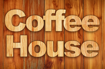 Beautiful wood background. Wooden words around about coffee shop or business. Coffee shop tags and banner equipments. A label for commercial use.