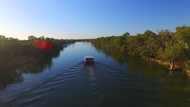 Aerial view of houseboat holiday on the Murray River Australia.
