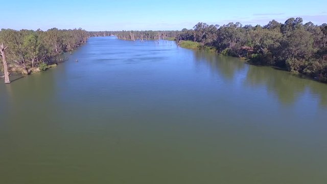 Aerial view of houseboat holiday on the Murray River Australia.
