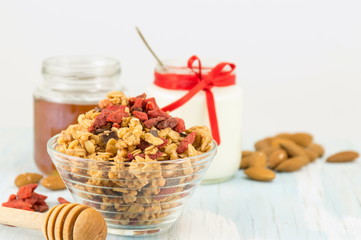 Granola muesli cereals with dried fruit in a bowl