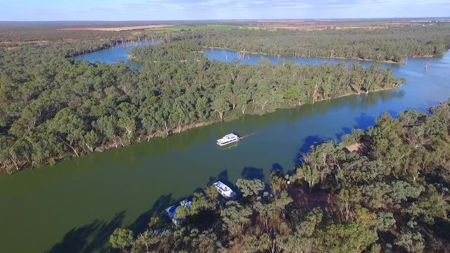 Aerial view of houseboat holiday on the Murray River Australia.
