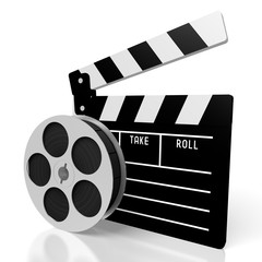 Movies concept - clapperboard, reel with tape - great for topics like making movies, cinema, movie theater etc.