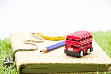 London Double decker bus with diary are on white background.