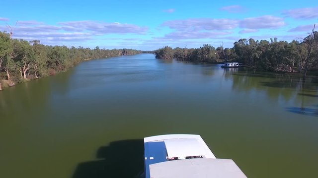 Aerial view of houseboat holiday on the Murray River Australia.
