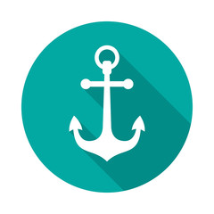 Anchor icon with long shadow. Flat design style. Round icon. Anchor silhouette. Simple circle icon. Modern flat icon in stylish colors. Web site page and mobile app design vector element.