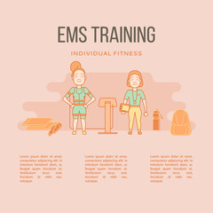 Ems training web banner or template in flat style. Electric muscular stimulating fitness concept. Vector illustration