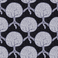 Seamless pattern, vector hand drawn repeating illustration, decorative ornamental stylized endless trees. Colorful abstract background, seamles graphic illustration Artistic line drawing silhouette