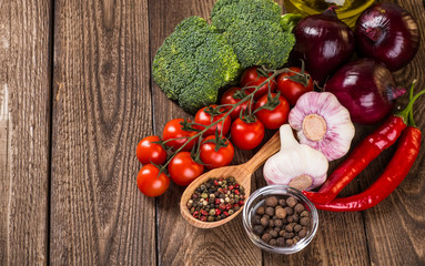 Vegetables on wood. Bio Healthy food, herbs and spices.