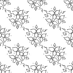 Vector floral illustration. Black and white seamless pattern withbouquet with flowers, leaves, decorative elements isolated on the white background. Hand drawn contour lines and strokes.