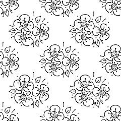 Vector floral illustration. Seamless pattern bouquet with flowers, leaves, decorative elements on the white background. Hand drawn contour lines and strokes. Doodle style, graphic vector illustration