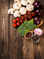 Vegetables on wood. Bio Healthy food, herbs and spices.