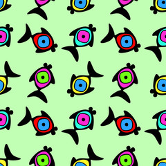 Vector seamless decorative pattern with hand drawn fish. Green colorful background. Template for wrapping, fabric, cover, background. Series of hand drawn decorative seamless patterns.