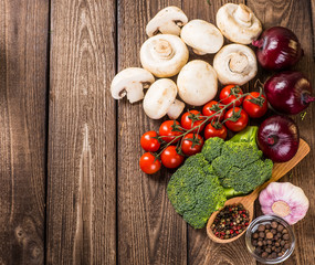 Vegetables on wood. Bio Healthy food, herbs and spices.