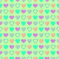 Seamless vector love pattern with hearts. Endless background with hand drawn colorful figures. Pattern for wrapping, cover, background, surface print