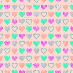 Seamless vector love pattern with hearts. Endless background with hand drawn colorful figures. Pattern for wrapping, cover, background, surface print