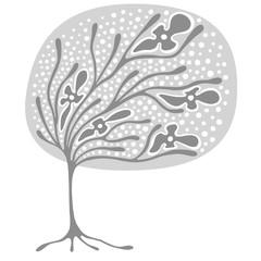 Vector hand drawn illustration, decorative ornamental stylized tree. Grey graphic illustration isolated on the white background. Hand drawing silhouette. Decorative artistic abstract branch