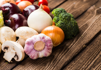 Vegetables on wood. Bio Healthy food, herbs and spices.