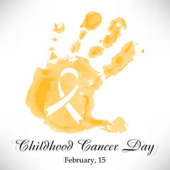 Shape of yellow watercolor childs hand with ribbon inside. Childhood Cancer day in February 15 isolated on white background. Vector illustration