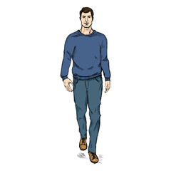 Fototapeta premium Vector Sketch Fashion Male Model in Trousers and Sweatshirt