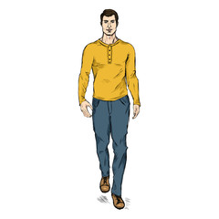 Fototapeta premium Vector Sketch Fashion Male Model in Trousers and Longsleeve Shirt