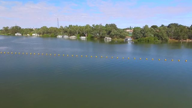 Aerial view of Mildura Weir and Lock 11 featuring historic PS Paddle Steamer. River Murray, Victoria. Murray River Locks.
