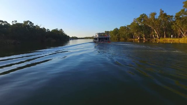 Aerial view of houseboat holiday on the Murray River Australia.
