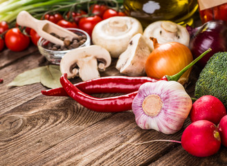 Vegetables on wood. Bio Healthy food, herbs and spices.