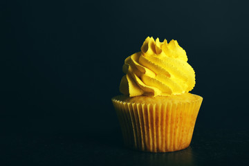 Fresh tasty cupcake on dark background