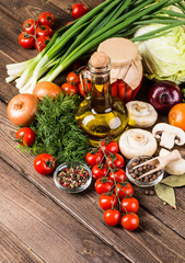 Vegetables on wood. Bio Healthy food, herbs and spices.