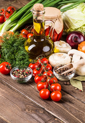 Vegetables on wood. Bio Healthy food, herbs and spices.