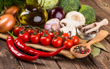 Vegetables on wood. Bio Healthy food, herbs and spices.