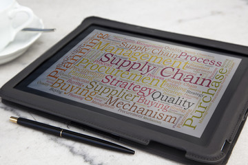 tablet with supply chain word cloud