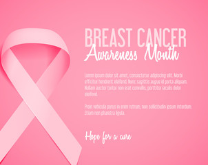 Realistic pink ribbon background template, breast cancer awarene