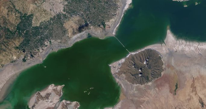 Aerial time lapse of Lake Urmia, Iran, drying up. Two time lapse versions in clip: 8-second/4-second. 4-second head/tail pad on each version.