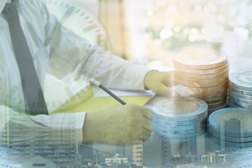 double exposure of businessman working at office with step of go