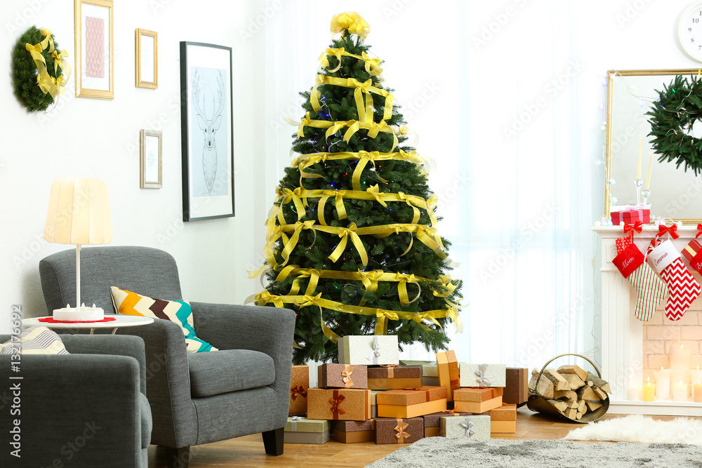 Poster Interior of beautiful living room decorated for Christmas