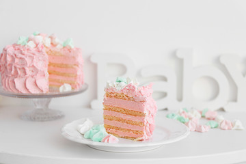 Plate with tasty birthday cake on table