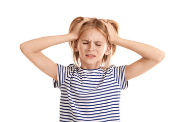 Upset girl with headache isolated on white