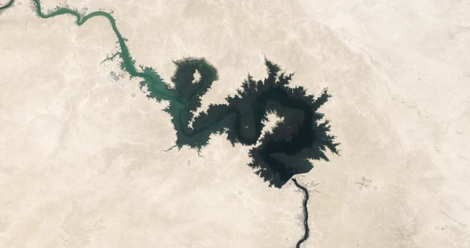 Aerial time lapse of a shrinking Qadisiyah Reservoir in Iraq . Two time lapse versions in clip: 8-second/4-second. 4-second head/tail pad on each version.