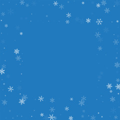 Sparse snowfall. Square scattered frame on blue background. Vector illustration.