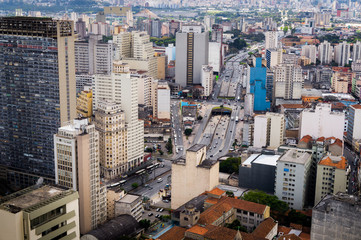 Fototapeta premium Sao Paulo city skyline saw from the top of Altino Arantes Building (north side view) with Prestes Maia avenue between the buildings